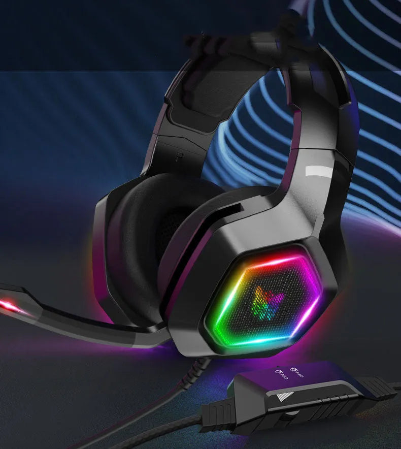 Black wired gaming headset with imitation protein leather earmuffs and 3.5mm plug on headset stand