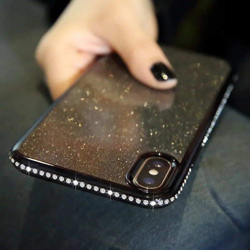 Glitter rhinestone soft plastic phone case for iPhone 7 Plus in rose gold electroplating finish