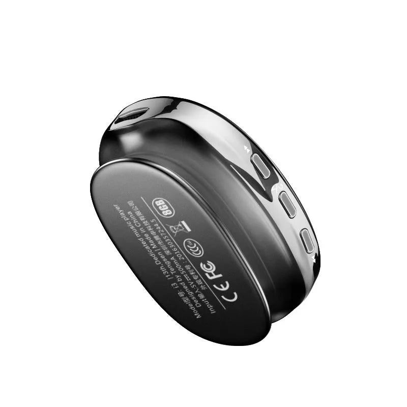 Blue Bluetooth MP4 music player with OLED screen showing menu, next to headphones.