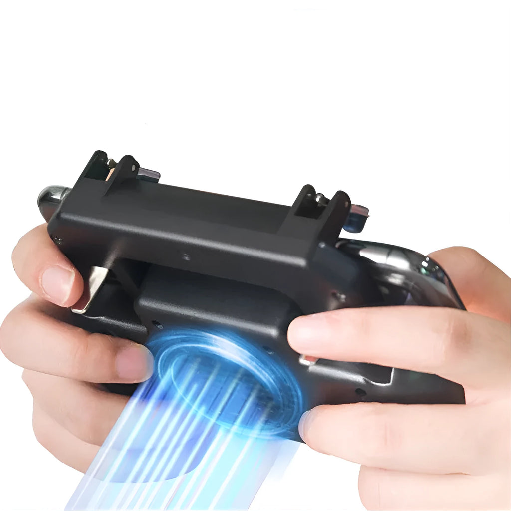 A black mobile game controller with USB connector for smartphones, showing physical buttons and triggers.