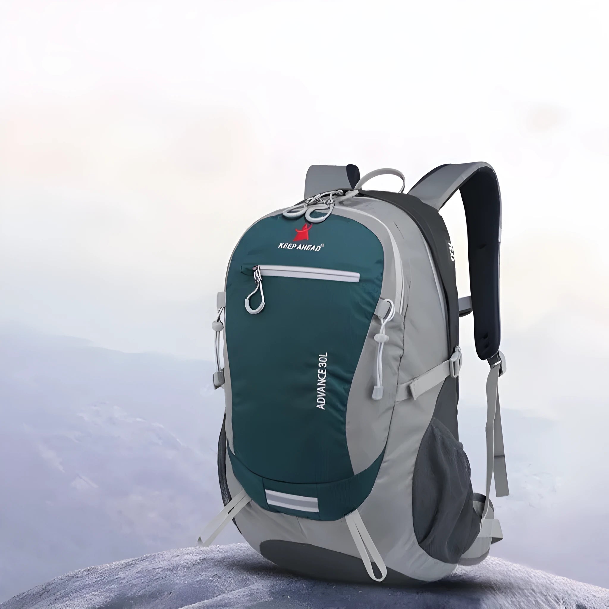 A solid-colour nylon 30-litre outdoor backpack with air-pillow straps in dark green.