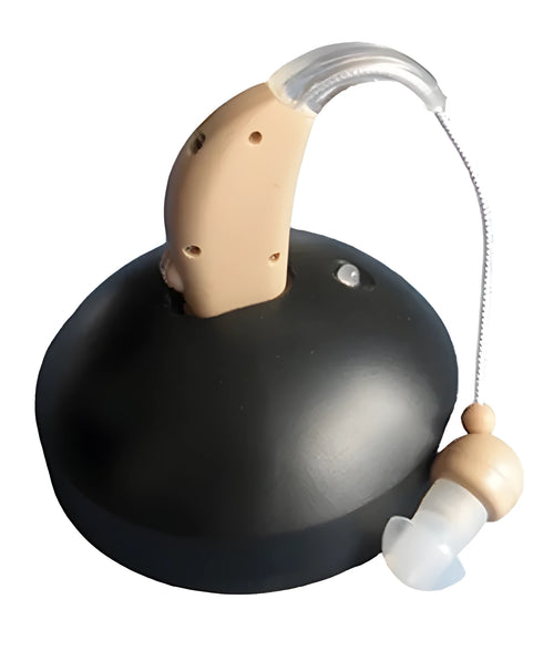 Rechargeable behind-the-ear digital hearing amplifier with mini sound tube and choice of EU or US plug.