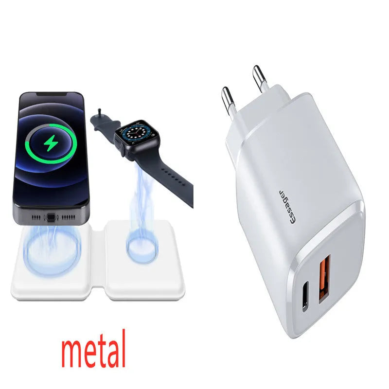 White foldable dual-pad magnetic wireless charging dock shown at an angle on a table.