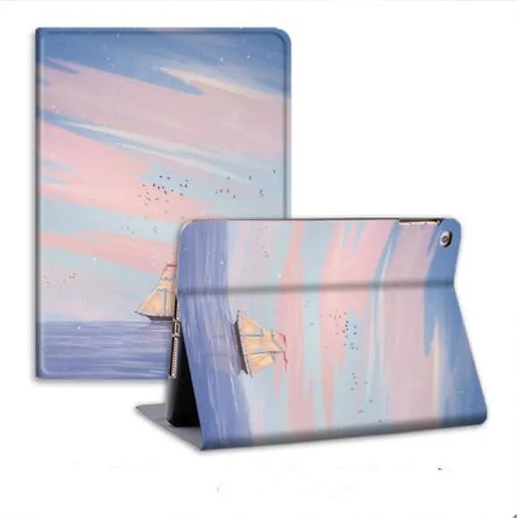 Silicone dreamy painting style sailing cover for Apple iPad book-style case in H248-sailboat colour