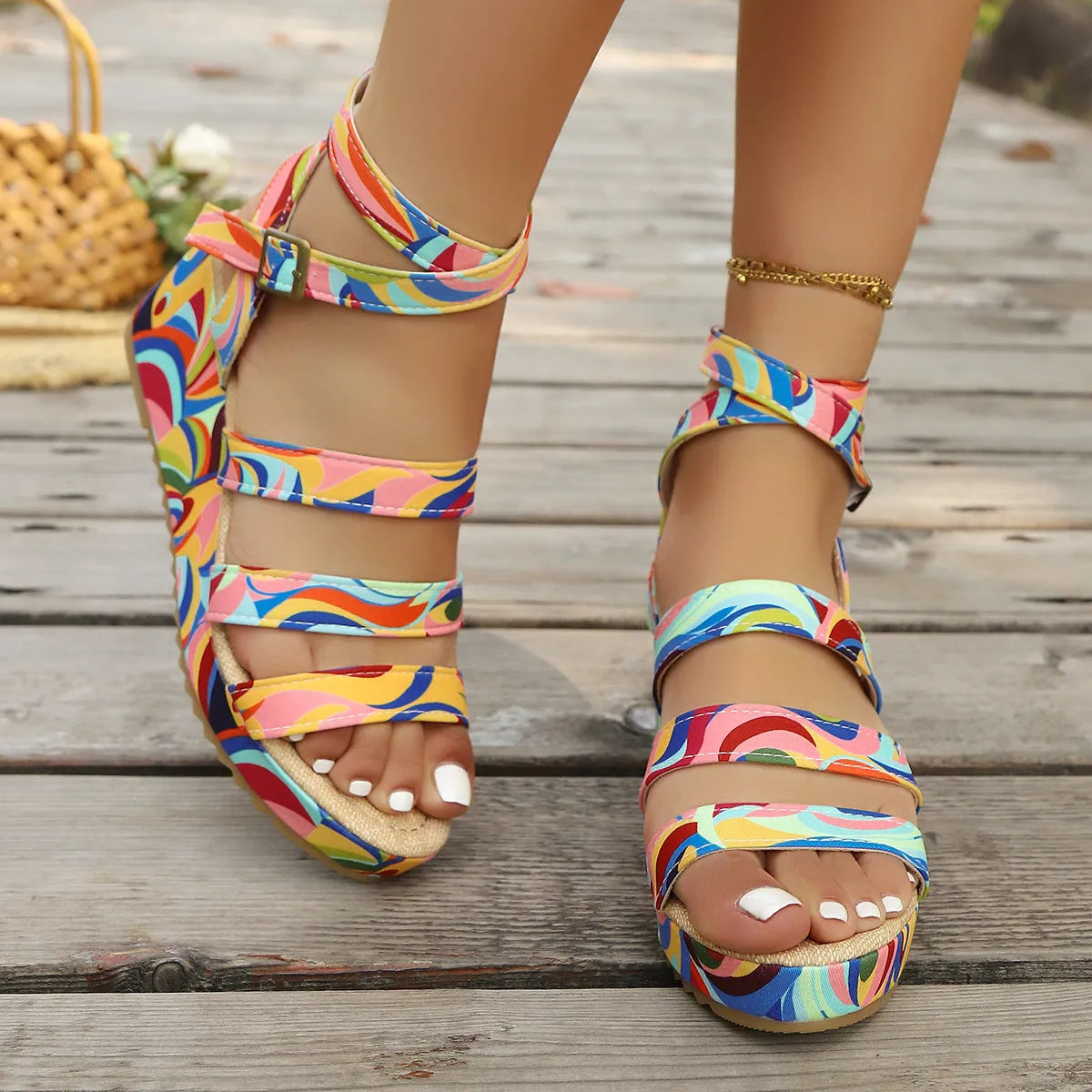 Women's buckle wedge sandals in lightweight PU material with a rubber sole and adjustable strap.