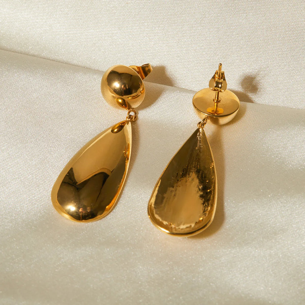 Gold stainless steel water drop pendant earrings with geometric hemisphere design elements