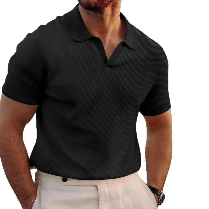 Men's black waffle fabric lapel t-shirt with short sleeves in slim fit