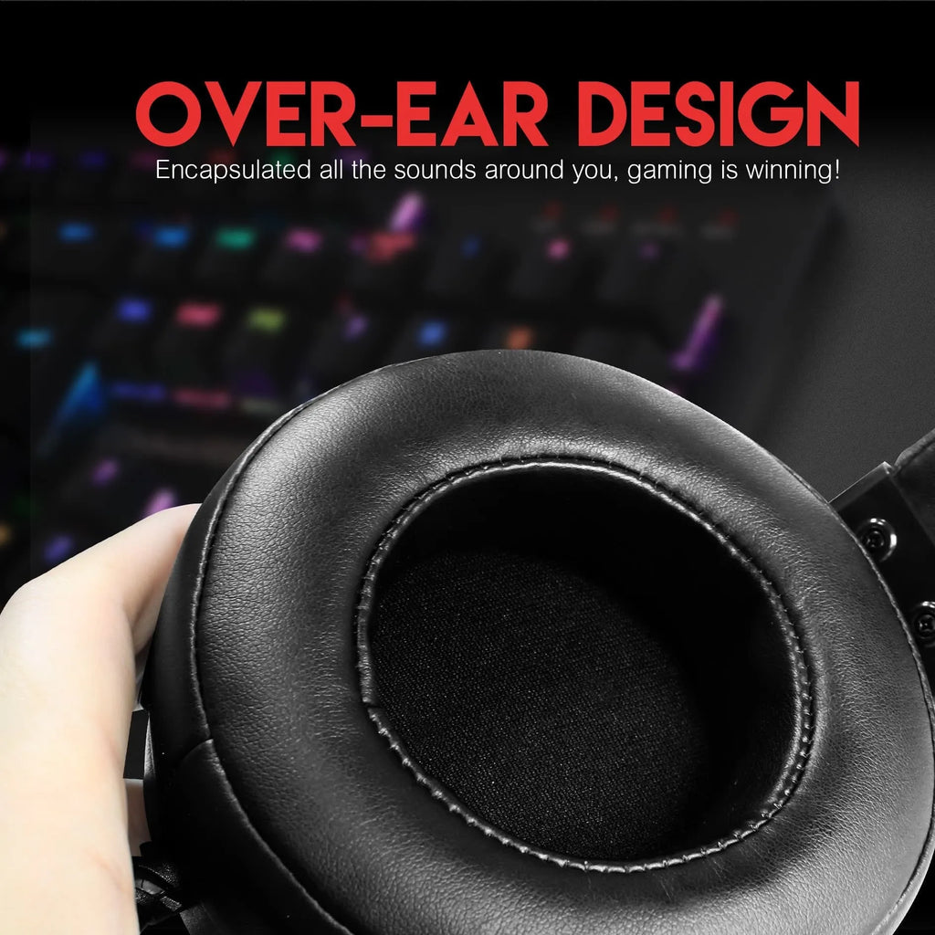 Wired black gaming headset with built-in microphone and 2.2 metre cable on a desk