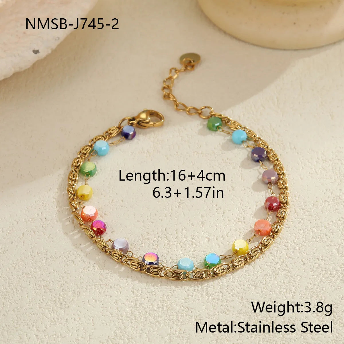 Colorful beaded stainless steel gold-plated double-layer clavicle chain necklace for women with geometric pendant