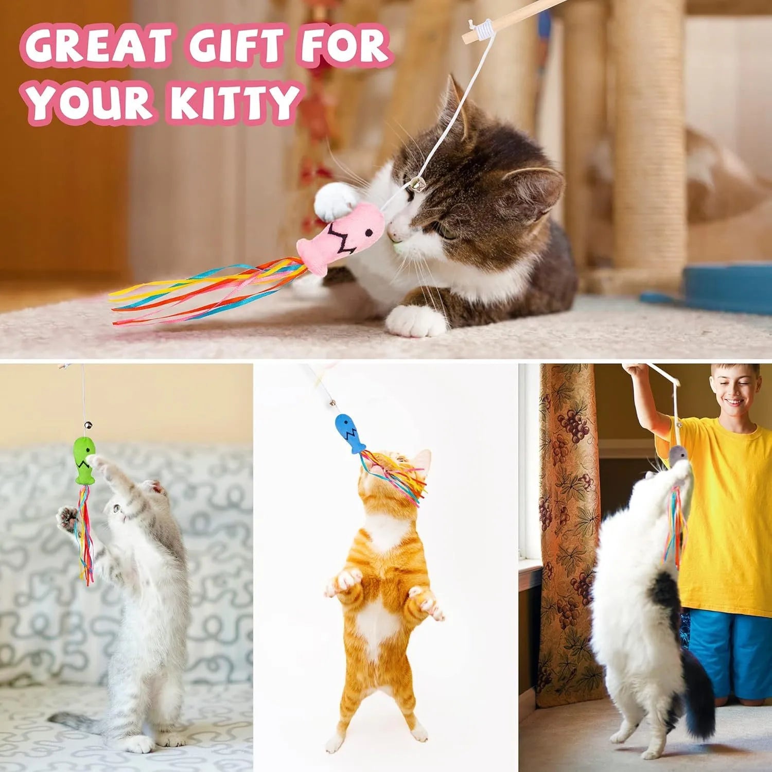 Cat wand toy with wooden handle, catnip fish attachment, colourful ribbons, and bell