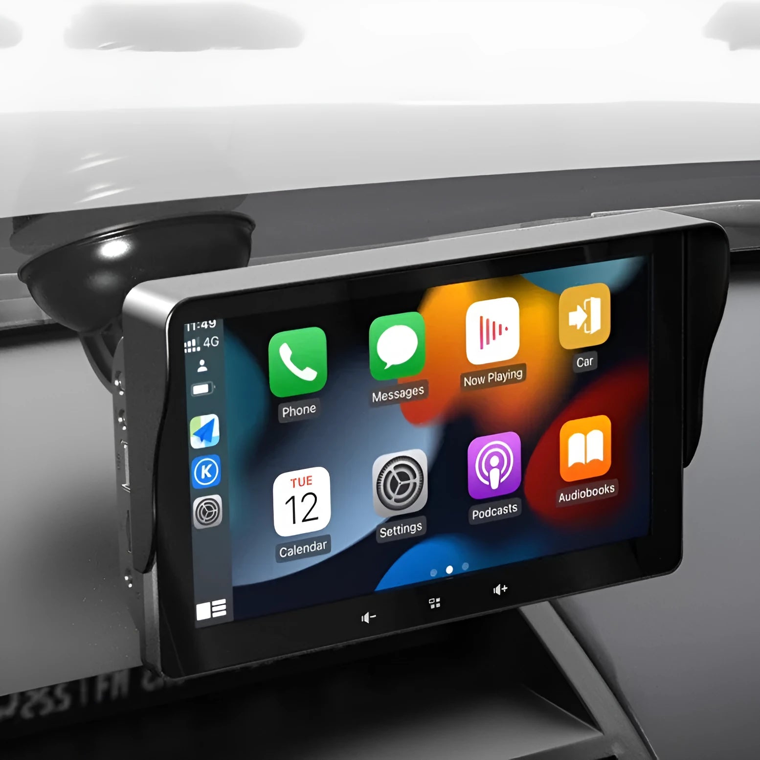 7 inch wireless CarPlay display for cars with a suction cup mount and 12V power cable.