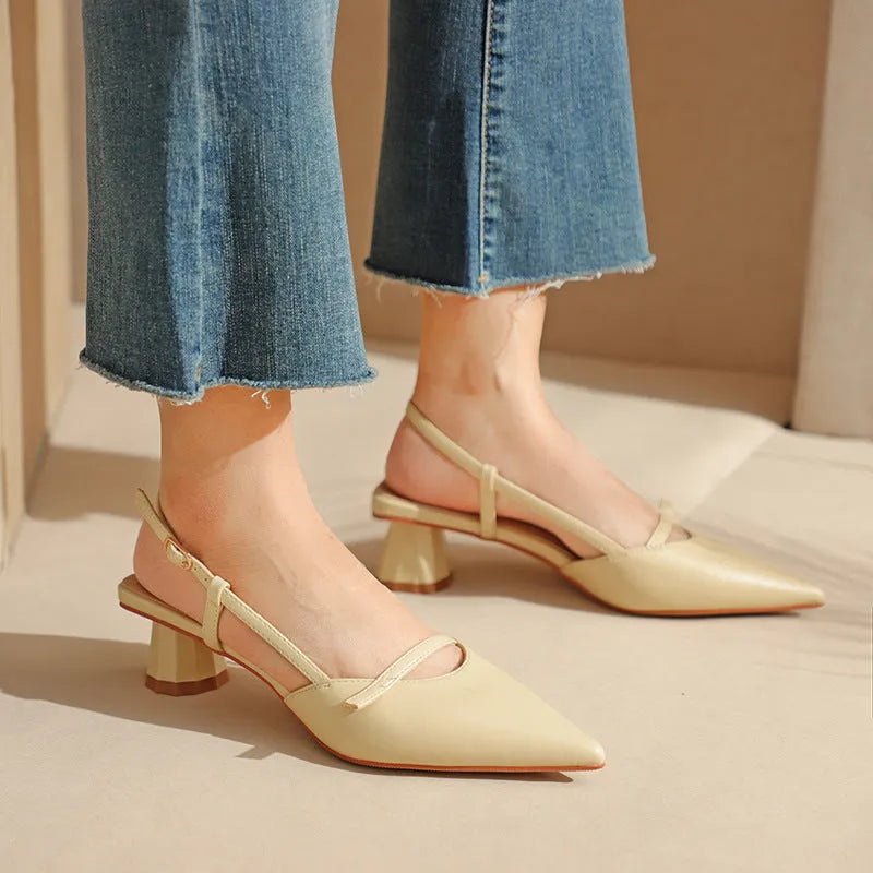 Women's chunky heel pointed sandals in beige with leather-look stitching and rubber sole