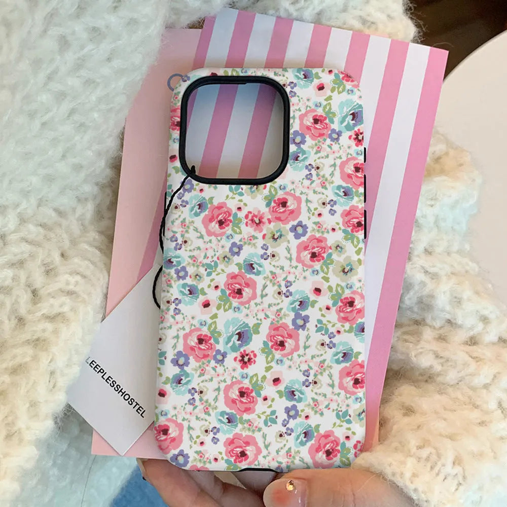 Flower glossy film two-in-one phone case for iPhone with floral oil painting pattern and black back cover