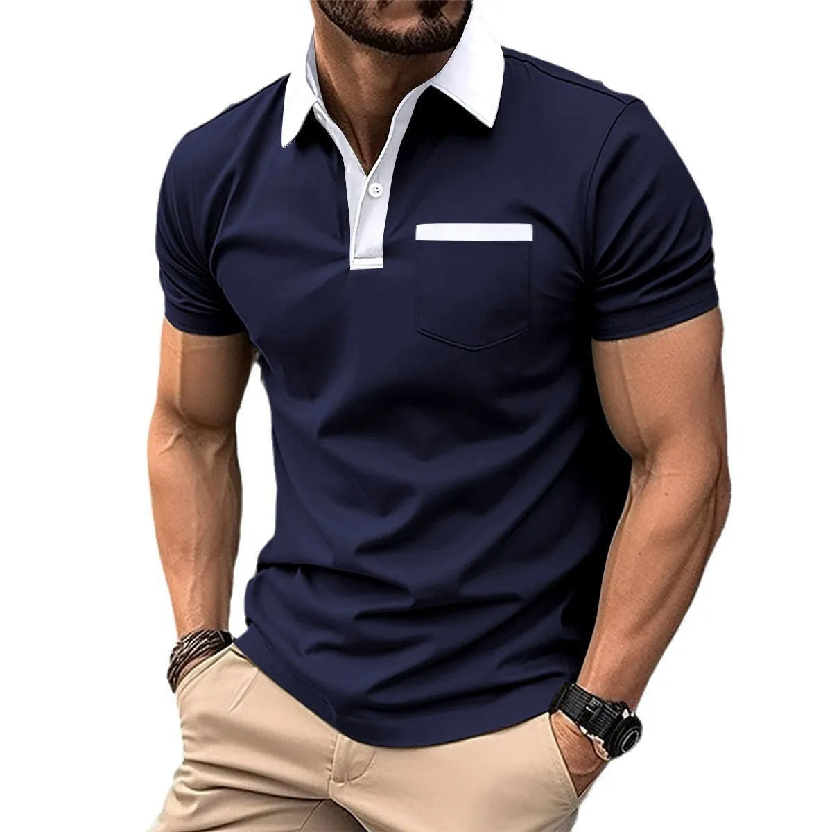 Men's lapel fashion slim pocket short-sleeved polo shirt in grey, cotton blend, loose fit
