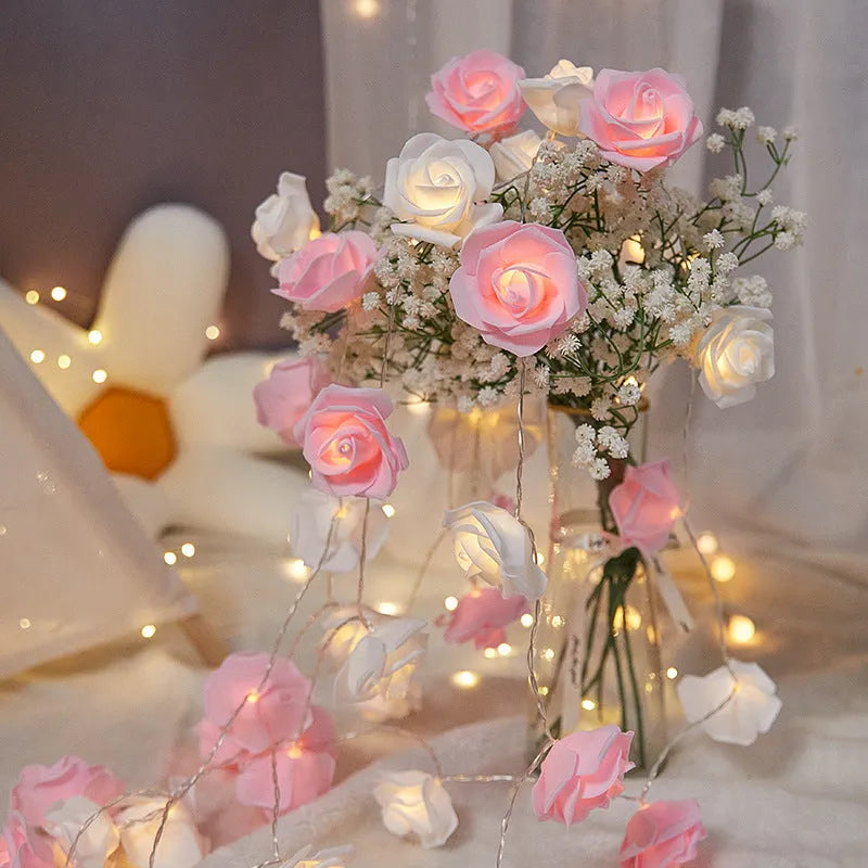 Indoor battery-powered LED rose decorative light string in one of seven colour options