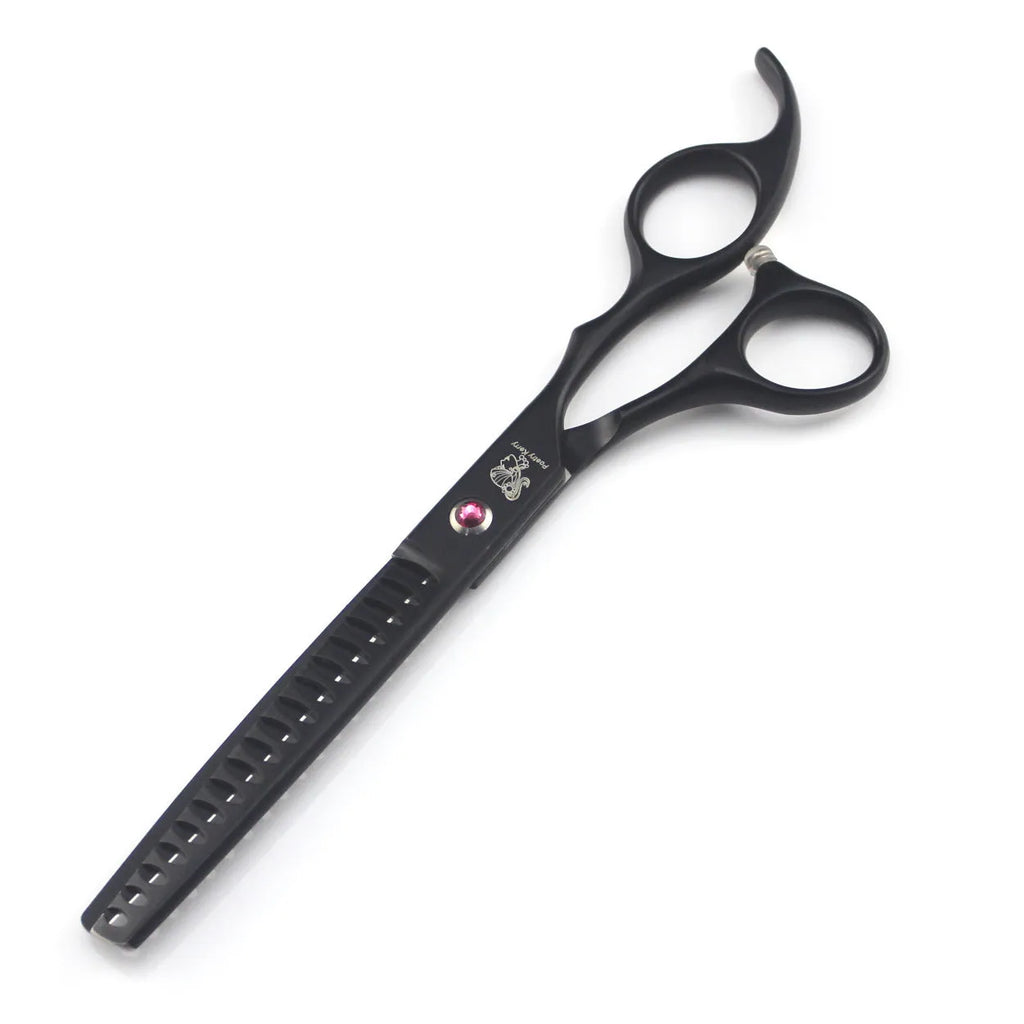 Six-piece black stainless steel pet grooming scissors set containing straight, curved, dense teeth, fishbone teeth scissors, comb, and haemostatic forceps
