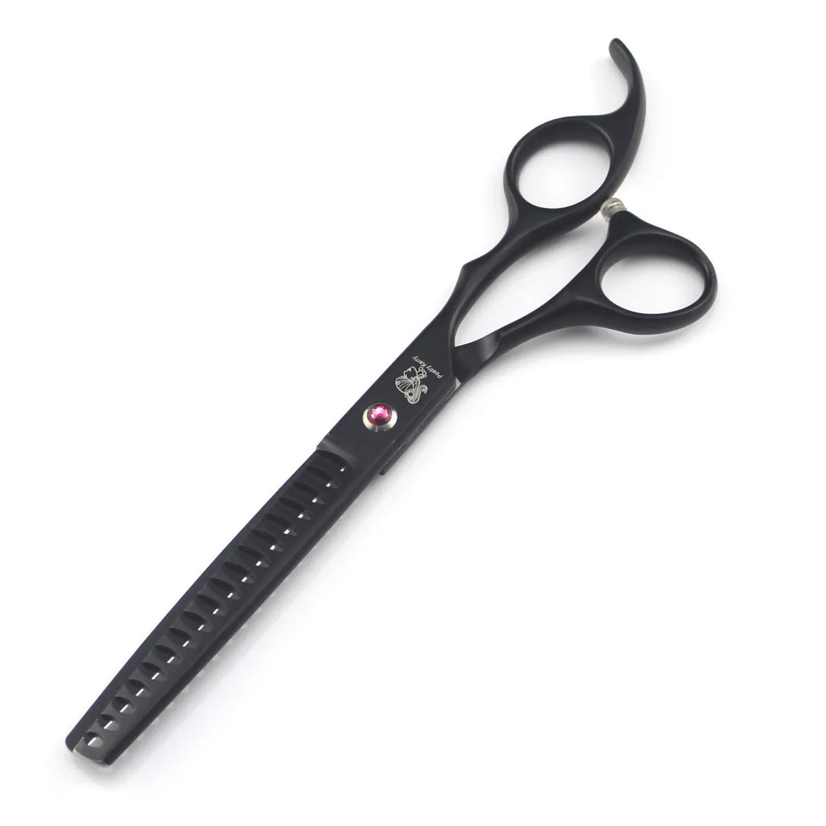 Six-piece black stainless steel pet grooming scissors set containing straight, curved, dense teeth, fishbone teeth scissors, comb, and haemostatic forceps
