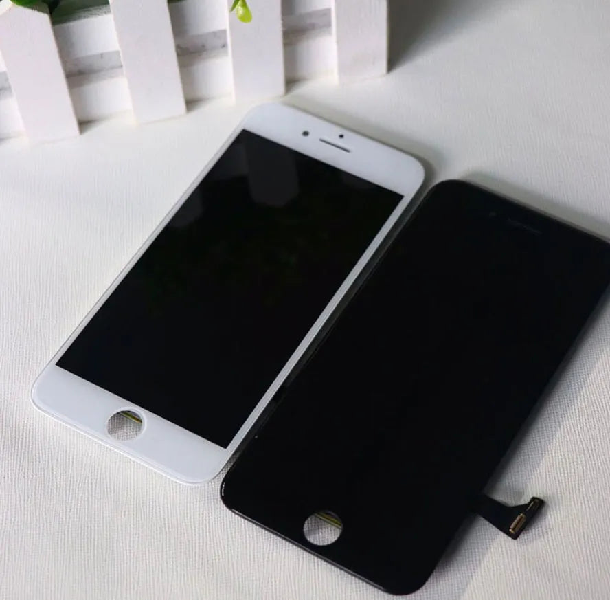 iPhone LCD touch screen replacement kit showing screen, original cover, and disassembly tool