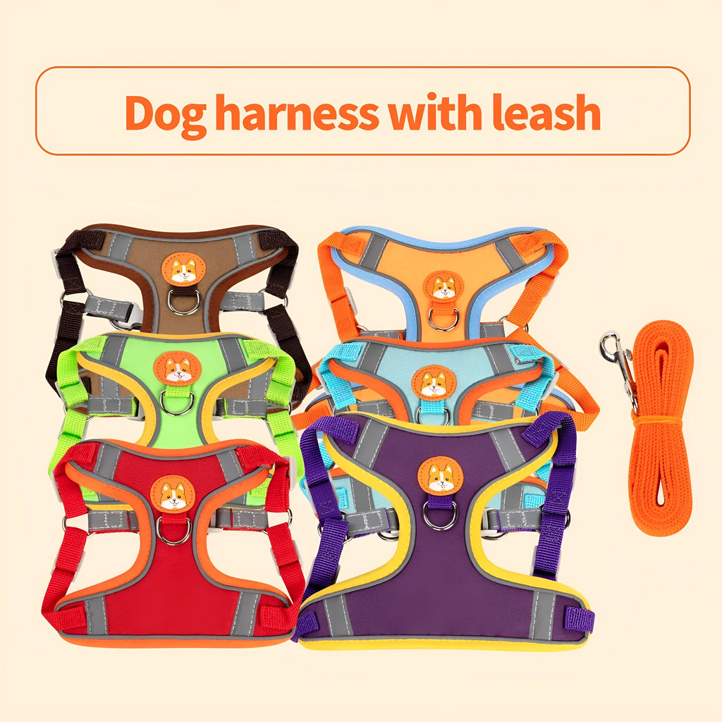 Adjustable dog harness with haulage rope system and chest strap in multiple colour options