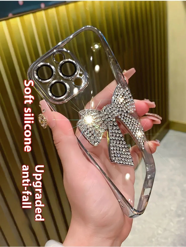 Electroplating diamond bow phone case with lens protector for iPhone in pink and silver TPU finish