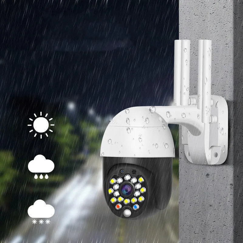 White plastic dome wireless outdoor security camera with 1080p HD resolution and infrared night vision LEDs