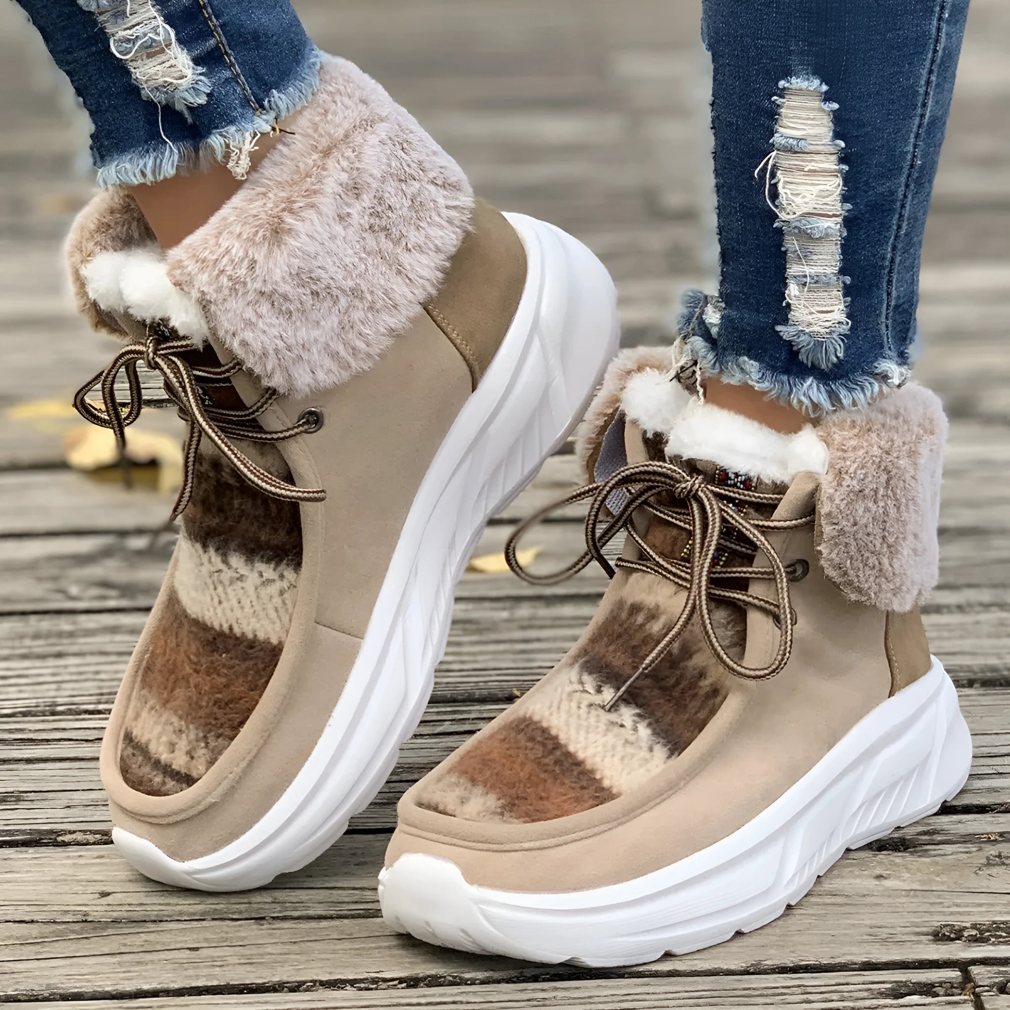 Women's lace-up snow boots with fuzzy lining and non-slip rubber soles in beige, black, and brown colours