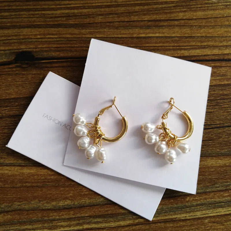 Gold geometric pearl tassel earrings for women electroplated alloy drop earrings