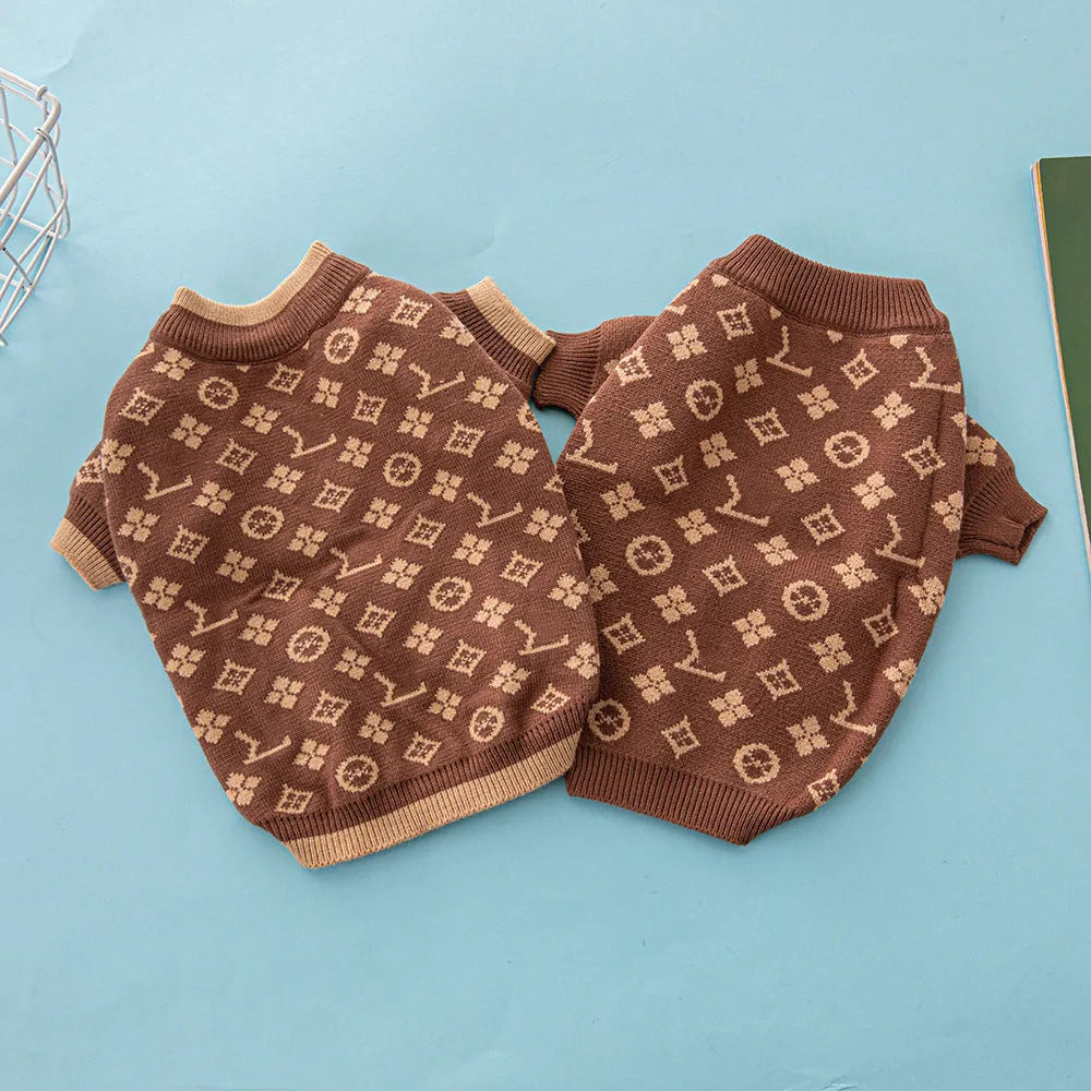 A dog wearing a thick wool knit sweater in a European style, available in sizes from XS to XXL.