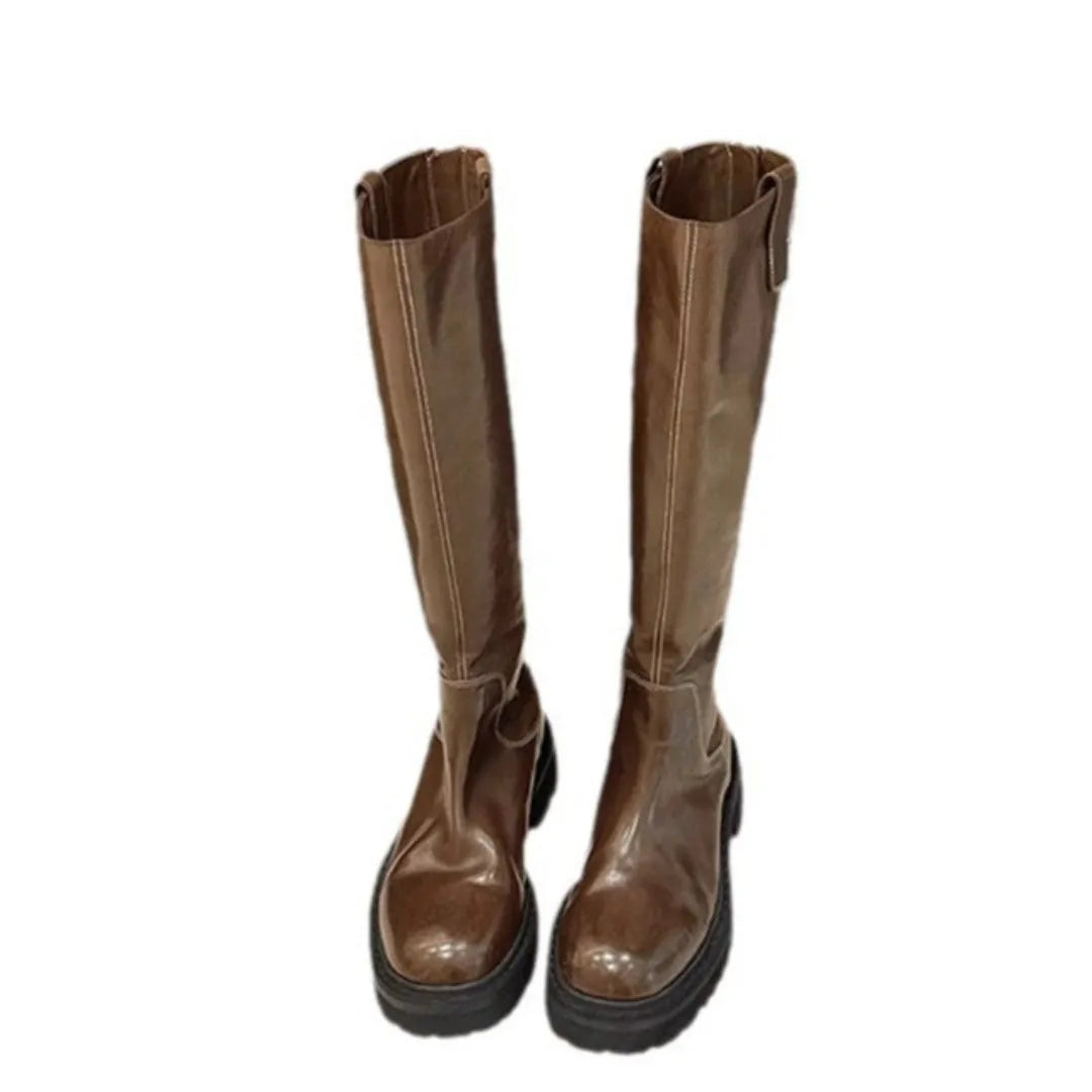 Black round toe chunky heel knee high boots with back zipper fastening