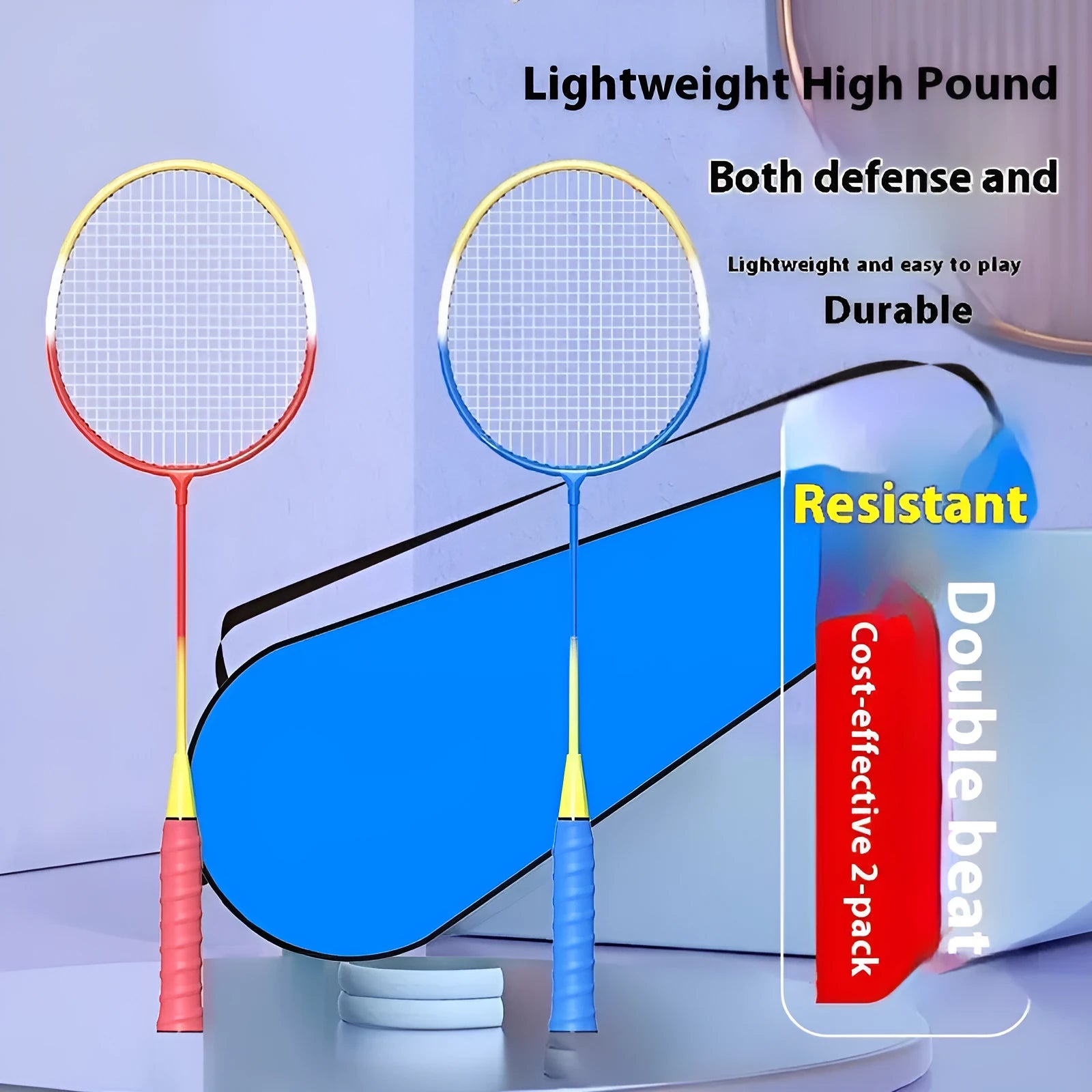 Pair of blue and red ultra-light alloy badminton rackets with split frame.