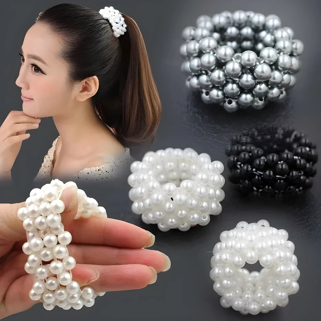 Handmade beaded hair rope with imitation pearls available in black pink silver and white colours