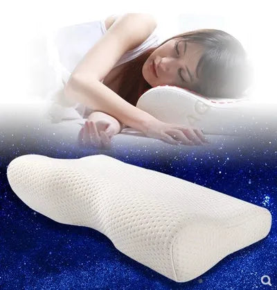 Butterfly-shaped cervical memory foam pillow in blue or milky white colours