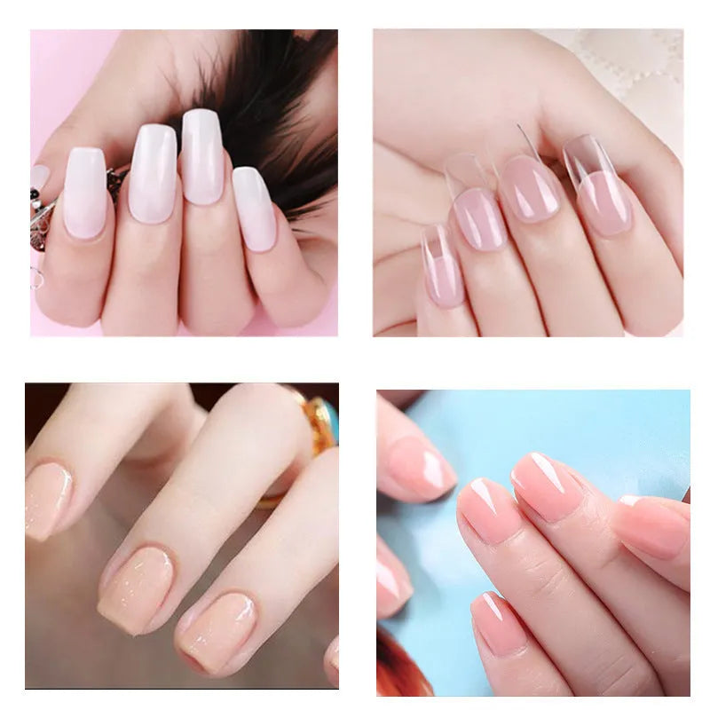 DIY resin gel nail art kit with sponge applicator, brushes, and decorative stickers in clear, white, and pink shades
