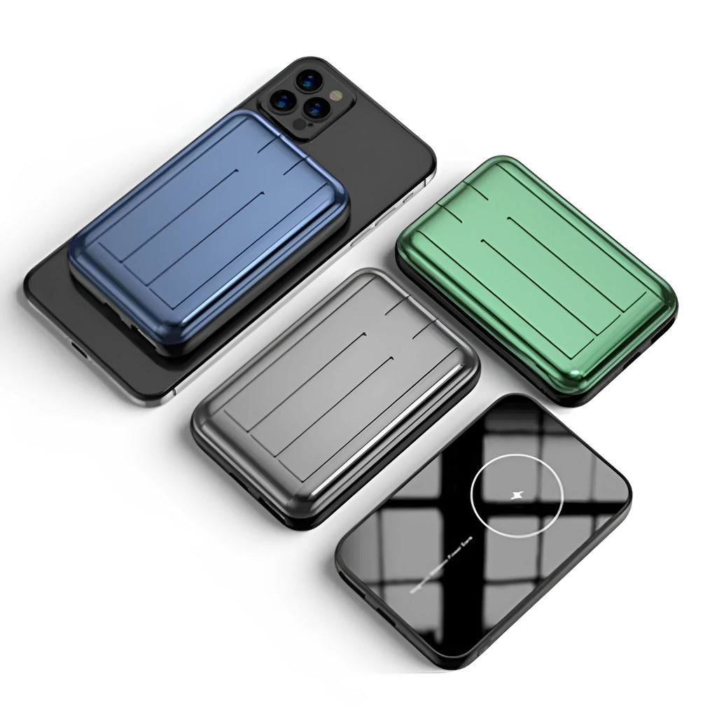 Blue 15W wireless magnetic power bank showing front view with dimensions 98mm by 64mm.