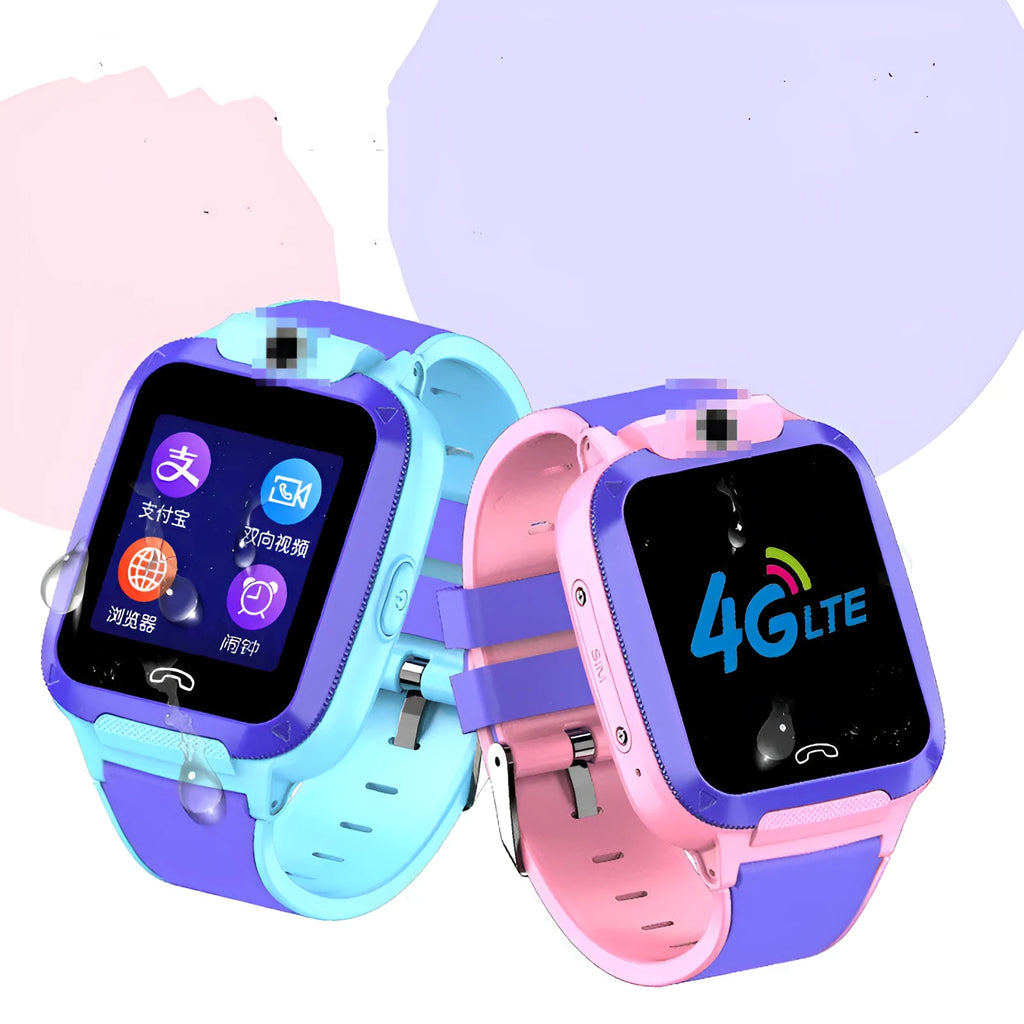 Blue children's smart watch with a 1.44-inch screen on a silicone strap, showing GPS and video call icons.