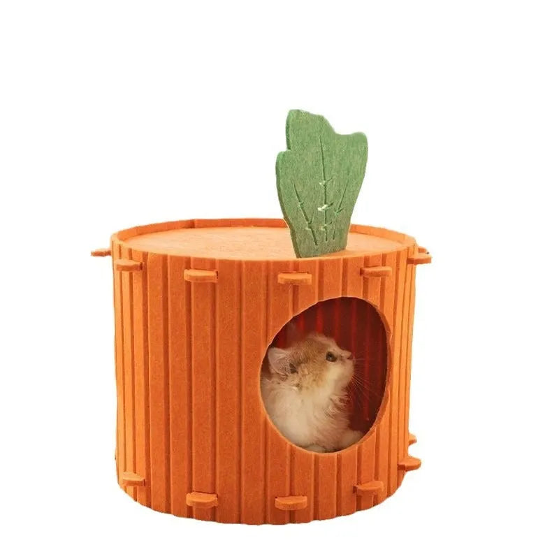 Carrot-shaped felt cat nest tunnel with semi-enclosed drilled design for feline privacy and comfort