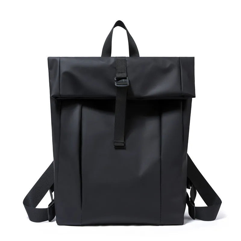 Solid colour large capacity men's backpack with airpillow straps, available in black, blue, and silver, 30x11x42cm