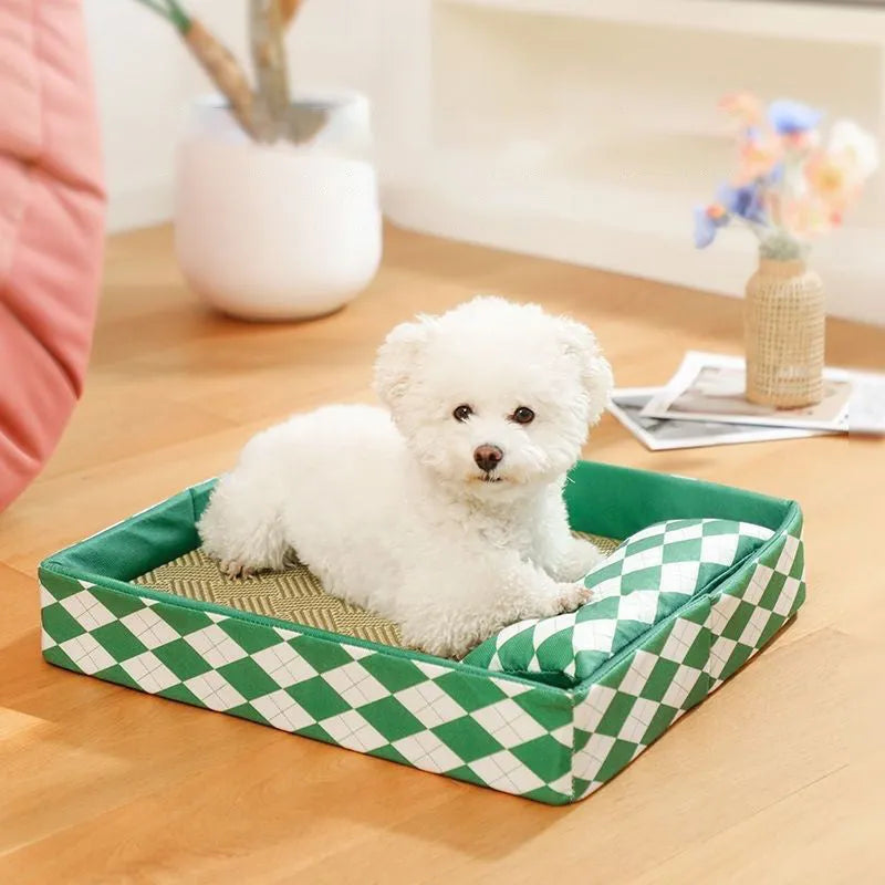 Blue rattan cat litter mat and bed showing woven texture with size options displayed