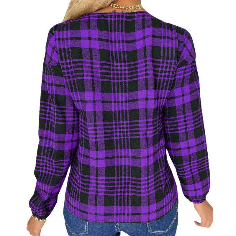 Women's plaid casual shirt in polyester fabric, available in grey, purple and red colours