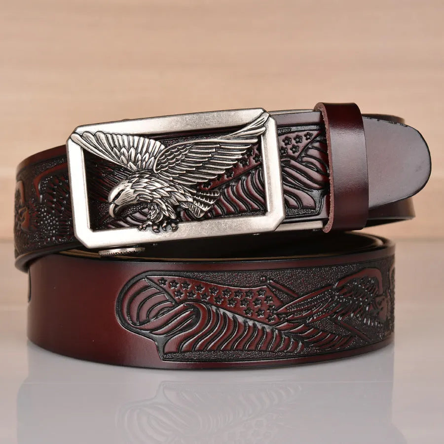 Leather men's belt cowhide eagle embossed automatic buckle 110-130cm black bronze buckle