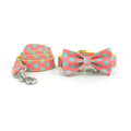 Yellow polka dot dog collar with bow and matching lead rope set on a white background.