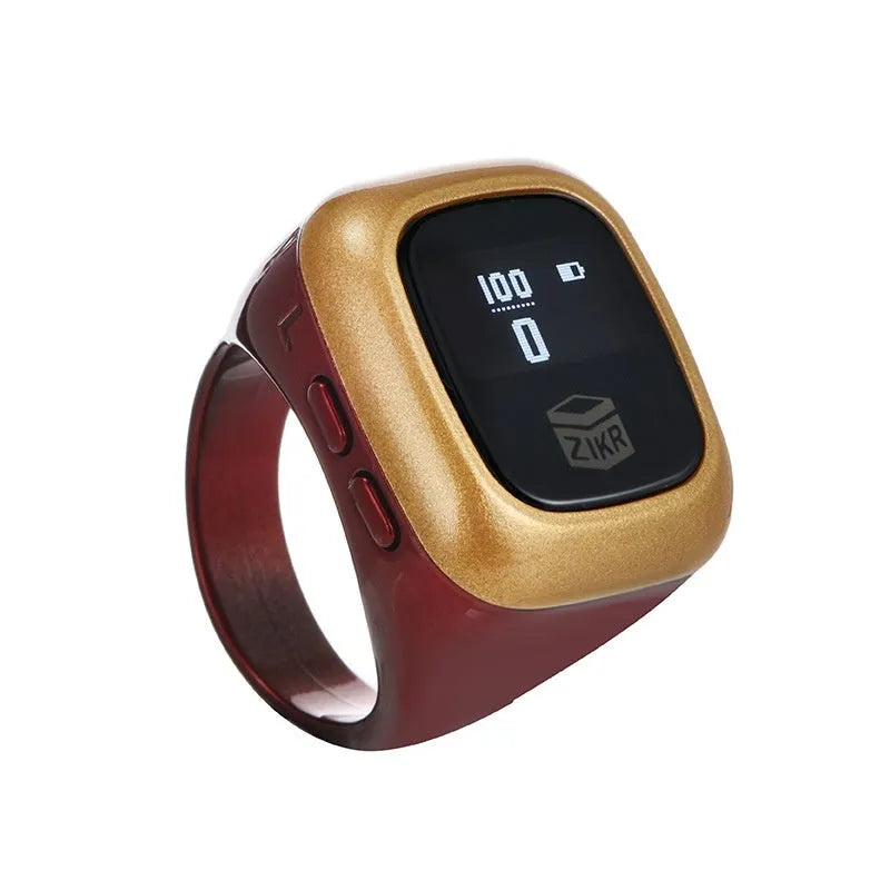 Al-Fatiha electronic zikr counter with digital display on a wrist, shown in various colours.