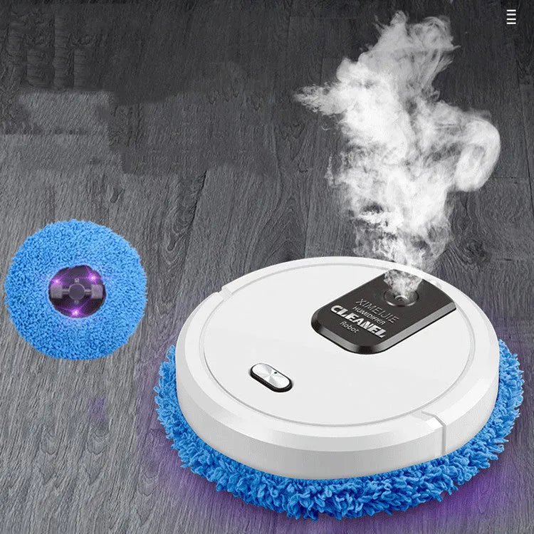 Automatic sweeping robot with wet and dry mopping cloths on a tile floor, showing slim 65mm body