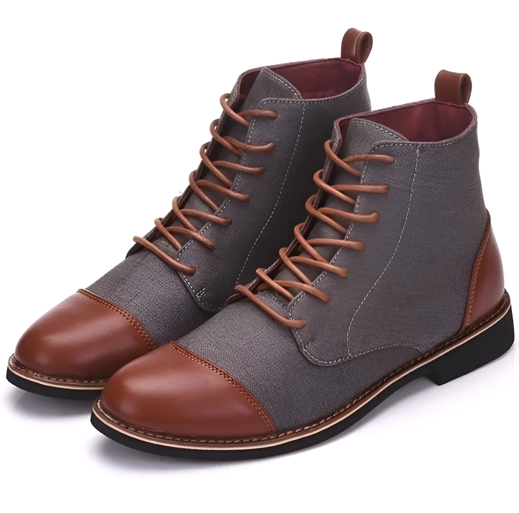 Men's black leather motorcycle boots with buckle details and a thick rubber sole.