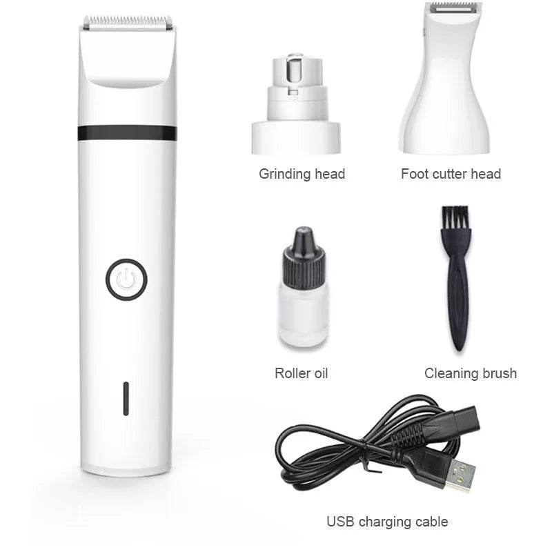 G12 white and black cordless pet hair clipper with shaving, trimming, and nail grinding heads for dogs and cats