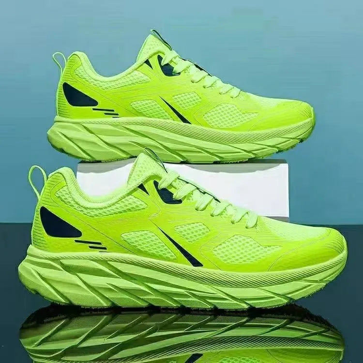 Breathable mesh casual running sneakers in red, beige, green, grey, and black colours with round toe.