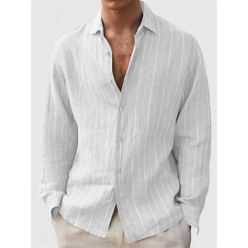 Man wearing a loose-fit striped short-sleeve cardigan-style polyester shirt for casual wear.