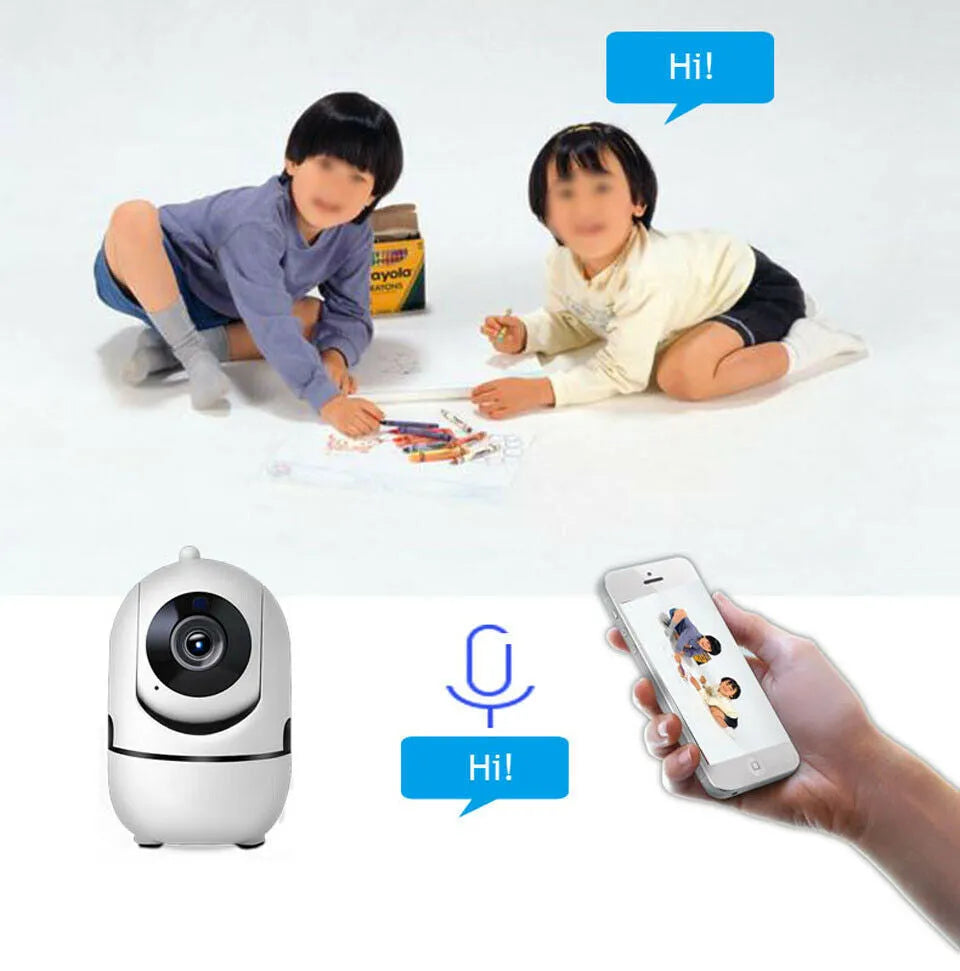 White 1080P WiFi CCTV IP camera with pan tilt lens on desk showing night vision mode