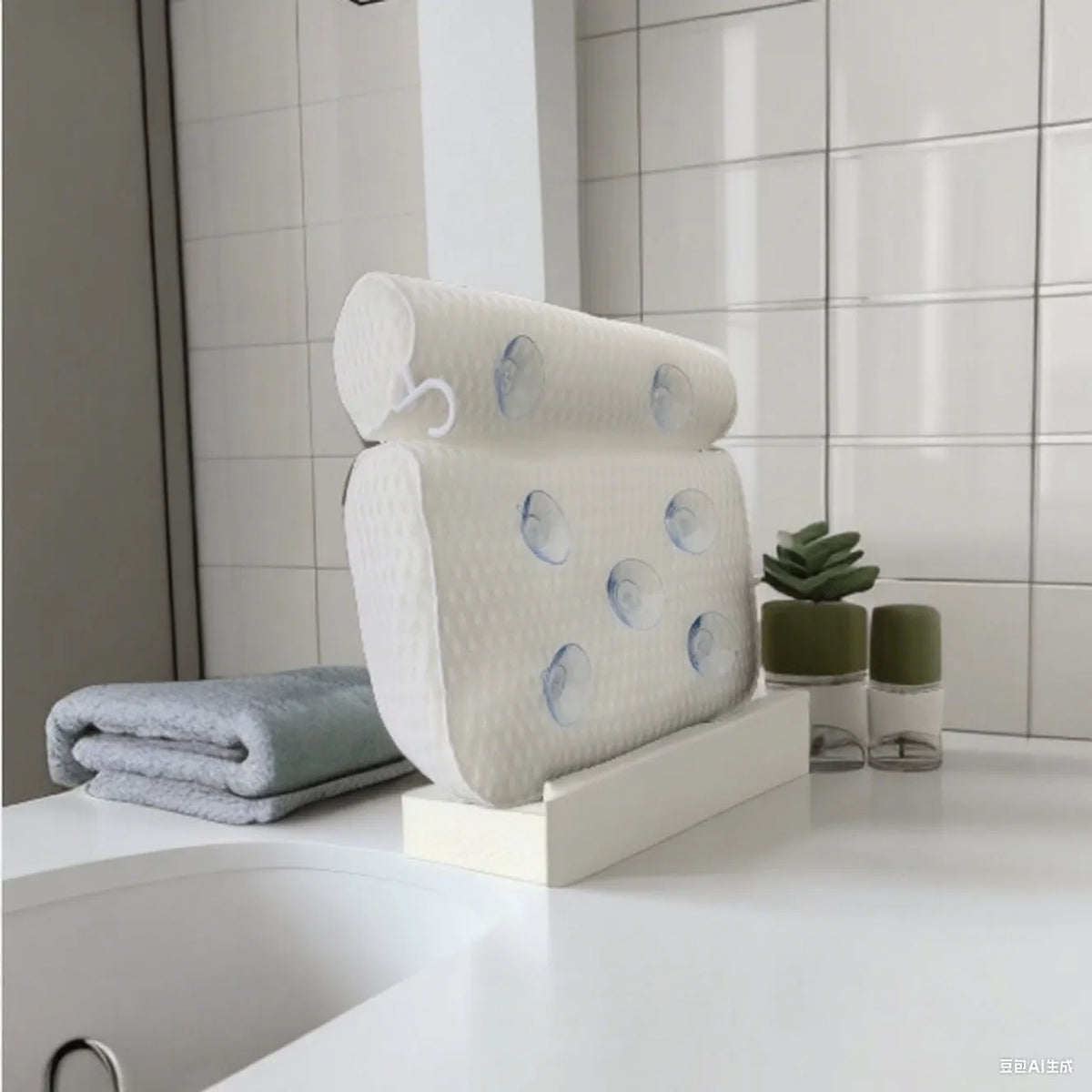 White 4D mesh bathtub pillow with 7 upgrade suction cups, 37X34X10cm
