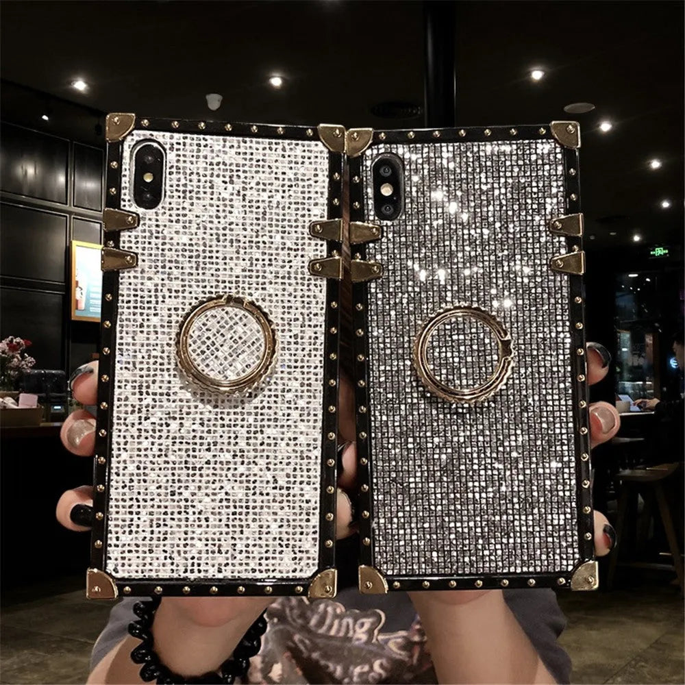 Square TPU mobile phone case with flash diamond bracket in multiple colour options